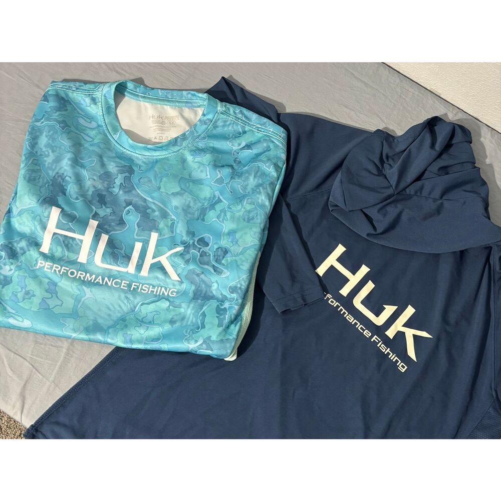 Huk Performance Fishing Mens Medium Blue Camo and Navy Long Sleeve Sun Shirt Lot
